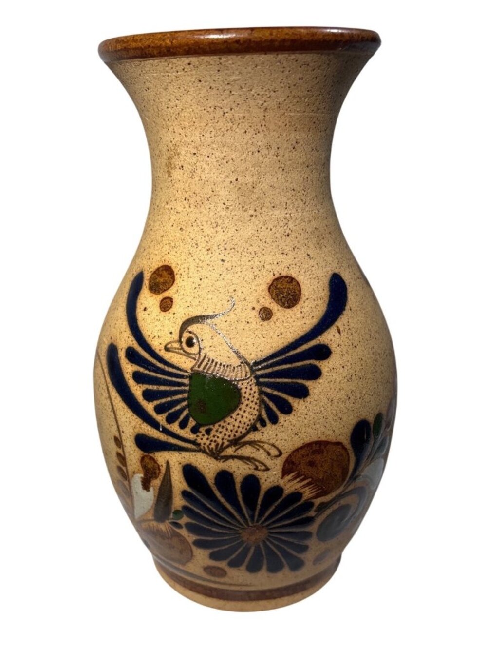 Tonala Mexican Pottery Vase Bird Floral Motif Earth Tone Mexican 8.25"